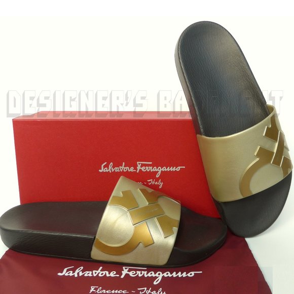 Salvatore Ferragamo Other - SALVATORE FERRAGAMO men 8M DANTE metallic Silver w/Gold GANCINI slides shoes NIB